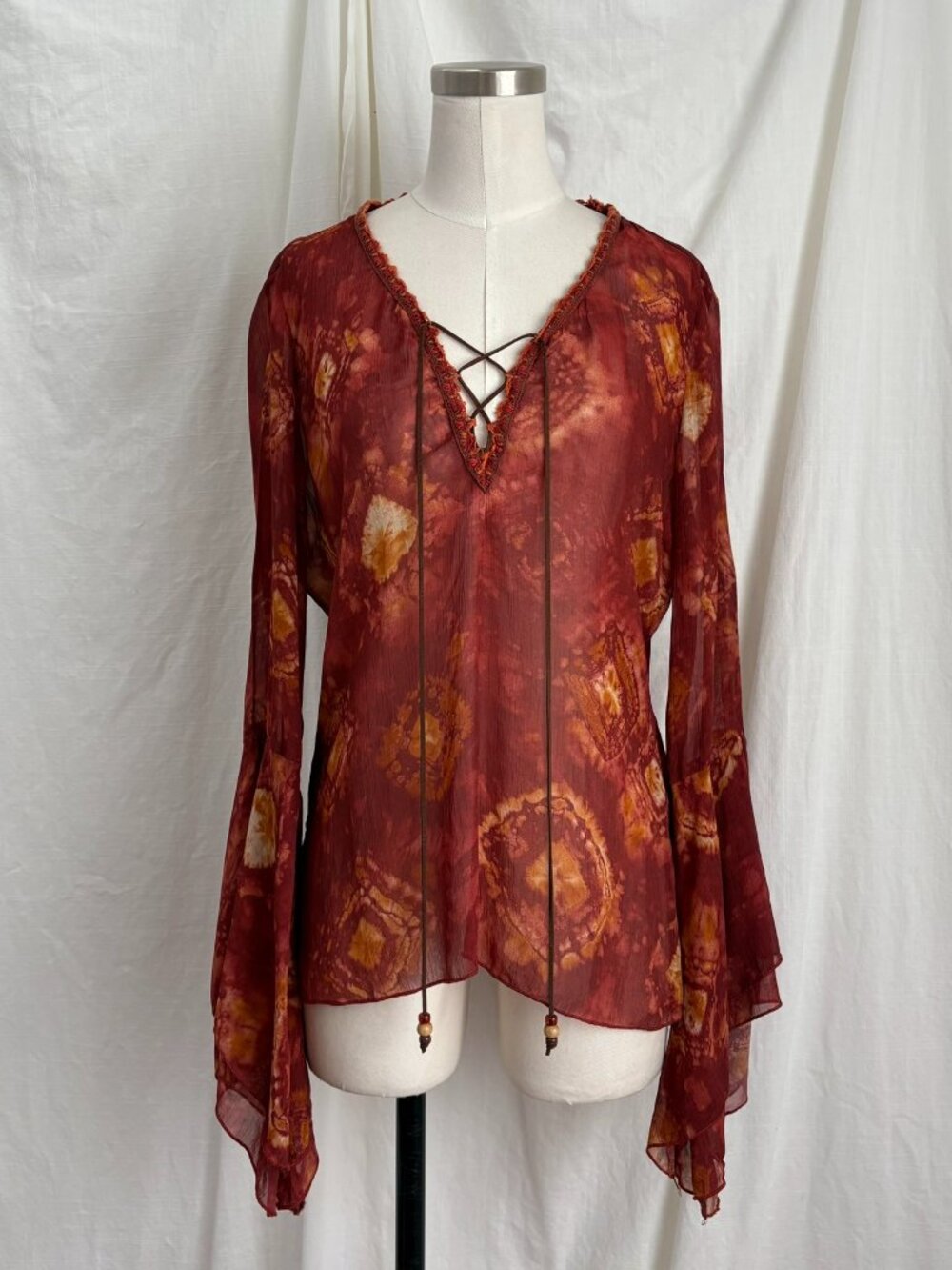 Vintage Y2K Arden B Red Sheer Boho Blouse Bell Sleeves M Hippie Festival Fairy